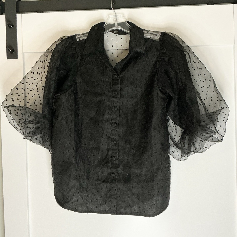 Iky & Me Button Up Sheer‎ Black Polka Dot Blouse Puff Sleeve Size Small
